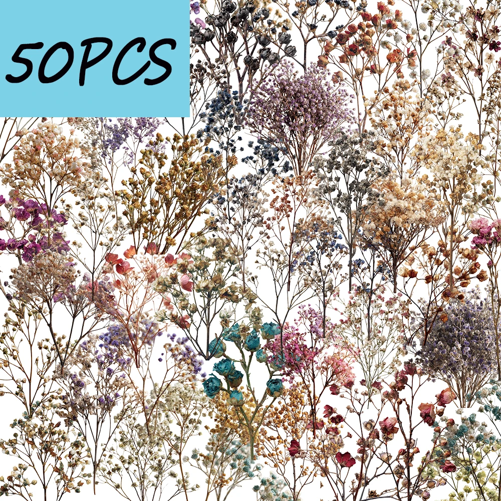

50PCS Retro Dried Flower Gypsophila Stickers, suitable for DIY decorating diaries, helmets, folders, waterproof PET stickers