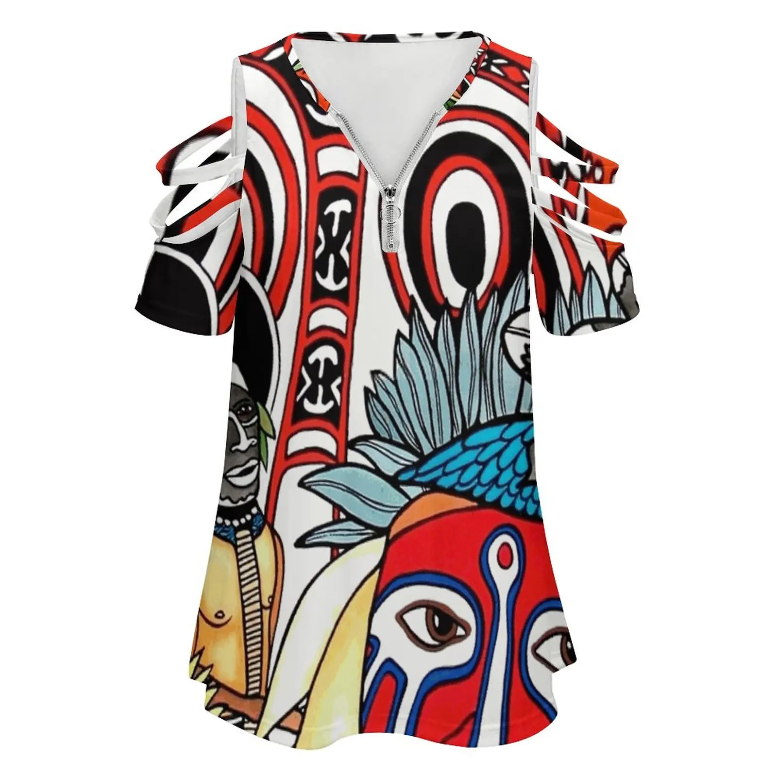 #258-Unique Png Culture I-Artist Nathalie Le Riche Women's T-Shirt New Fashion Printed Zipper V-Neck Short Sleeve T Shirts