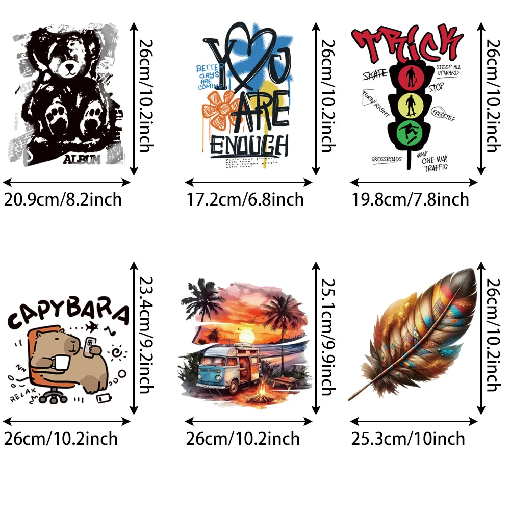 6pcs Trendy Bear Feather Sunset Alphabet DIY Heat Transfer Stickers For Clothing Textiles
