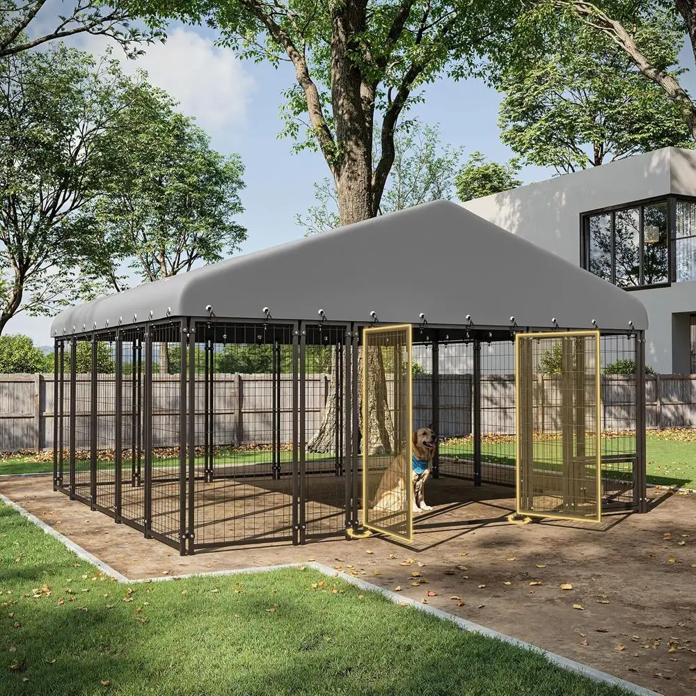10x10FT Dog Kennel Outside Double Door Outdoor with Feeding, Heavy Duty Dog Crate Durable Cage with Roof & Double Lock