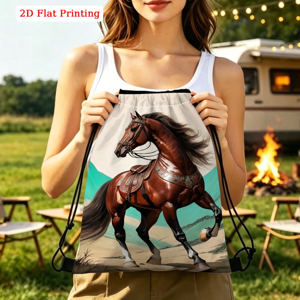 2D Flat Printing, Drawstring Backpack, Brown Horse Pattern, Fitness Sports Backpack, Outdoor Travel Drawstring Bag