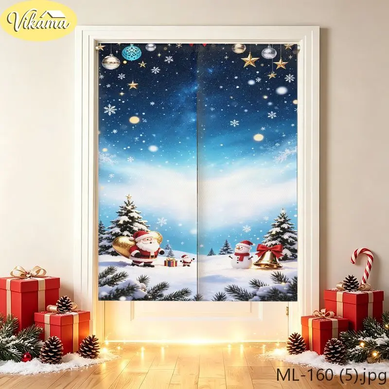 VIKAMA Night Sky Santa Snowy Arch Ornaments Door Curtain, HD Print Easy Hang Festive Door Cover, Winter Holiday Decor