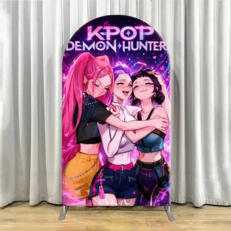Non Elastic Kpop Demon Hunters Arch Backdrop Cover Single-layer Themed Backdrop for Party Decoration Vibrant Purple Neon