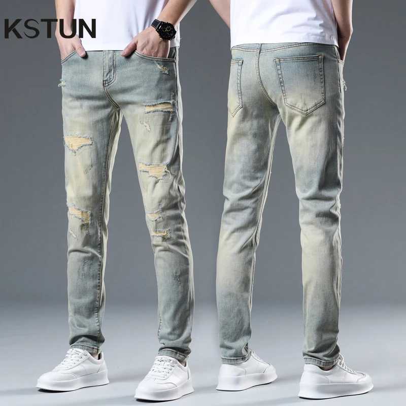 

KSTUN Luxury Men's Jeans Ripped Distressed Jeans Skinny Washed Stretch Patchwork Vintage Destroyed Motocycle Jeans Homme Cowboys