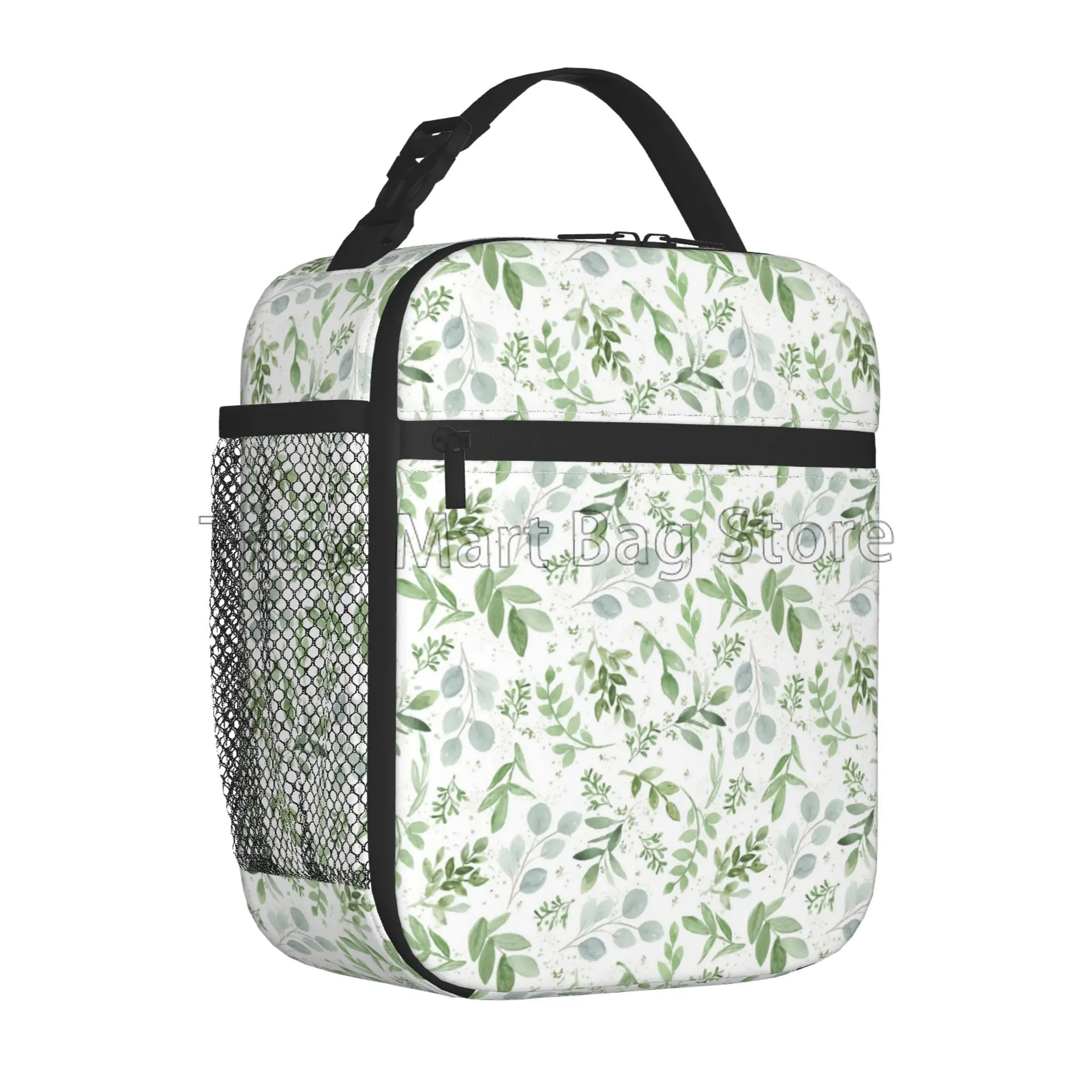 Sage Green Insulated Lunch Bag Spring Watercolor Eucalyptus Floral Portable Thermal Lunch Box Reusable Tote Bag for Women Picnic