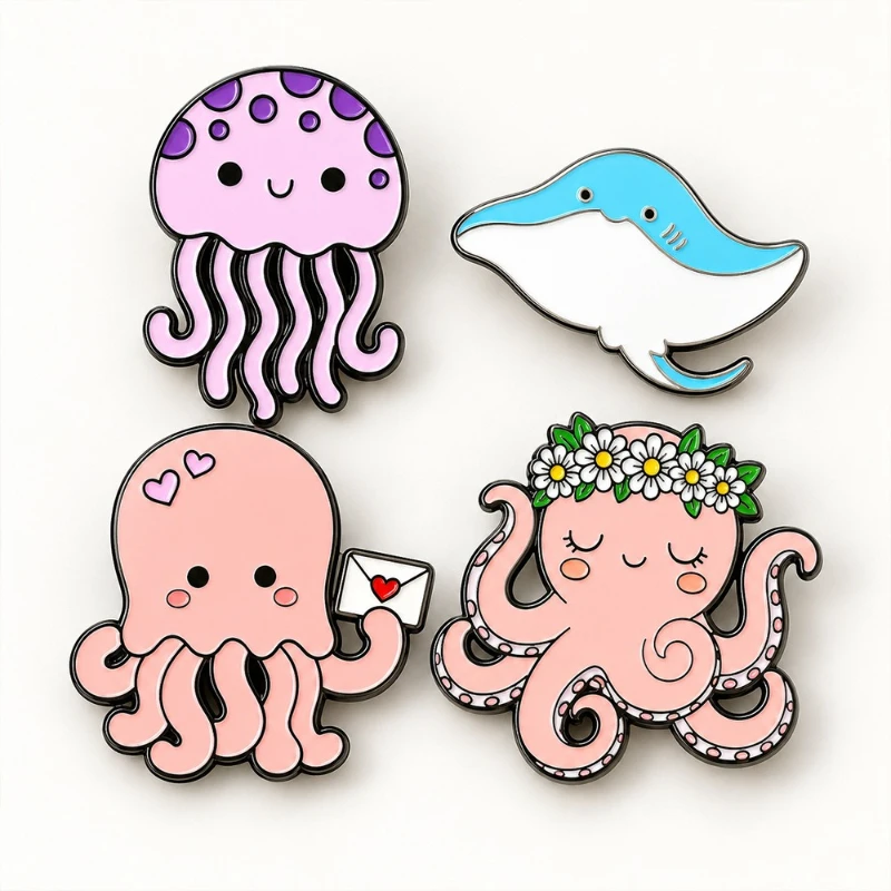Cute Sea Animal Brooch Jellyfish Octopus Alloy Drop Oil Enamel Badges Pins for Casual Gift DIY Clothing Bags Hat Scarf Accessory