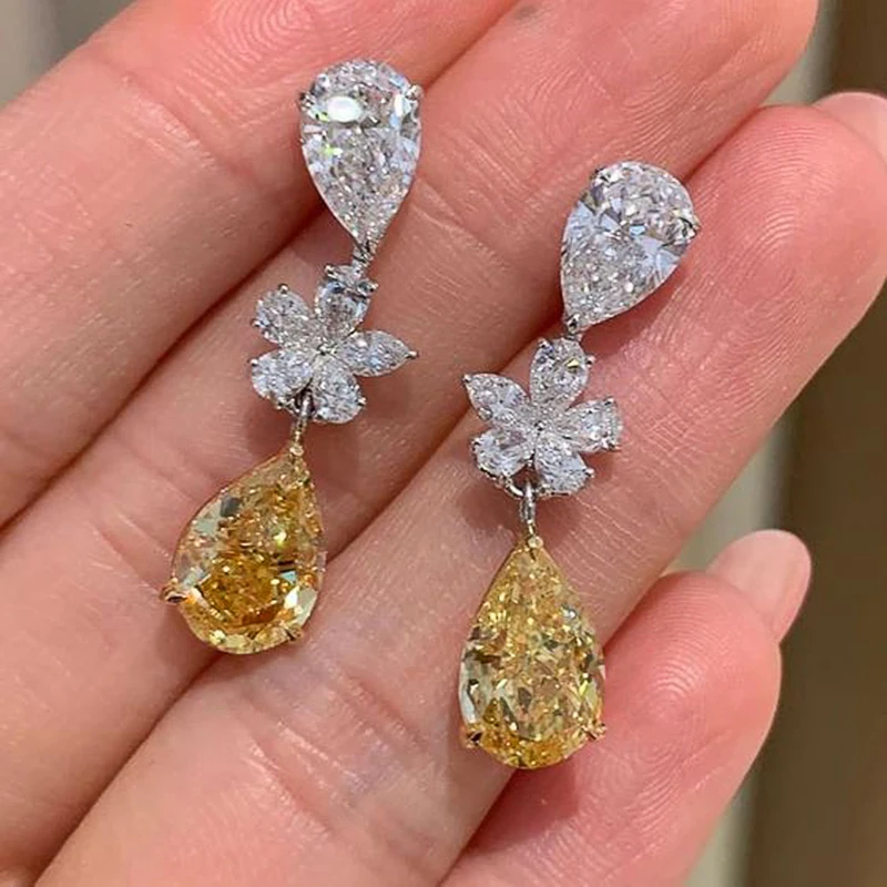 Huitan Aesthetic Bride Wedding Earrings with Pear Yellow Cubic Zirconia Flower Design Earrings for Women Luxury Trendy Jewelry