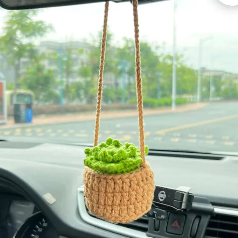 2023 New Car Hanging Hand-crocheted Hanging Orchid Potted Wool Pendant Car Rearview Mirror Creative Pendant