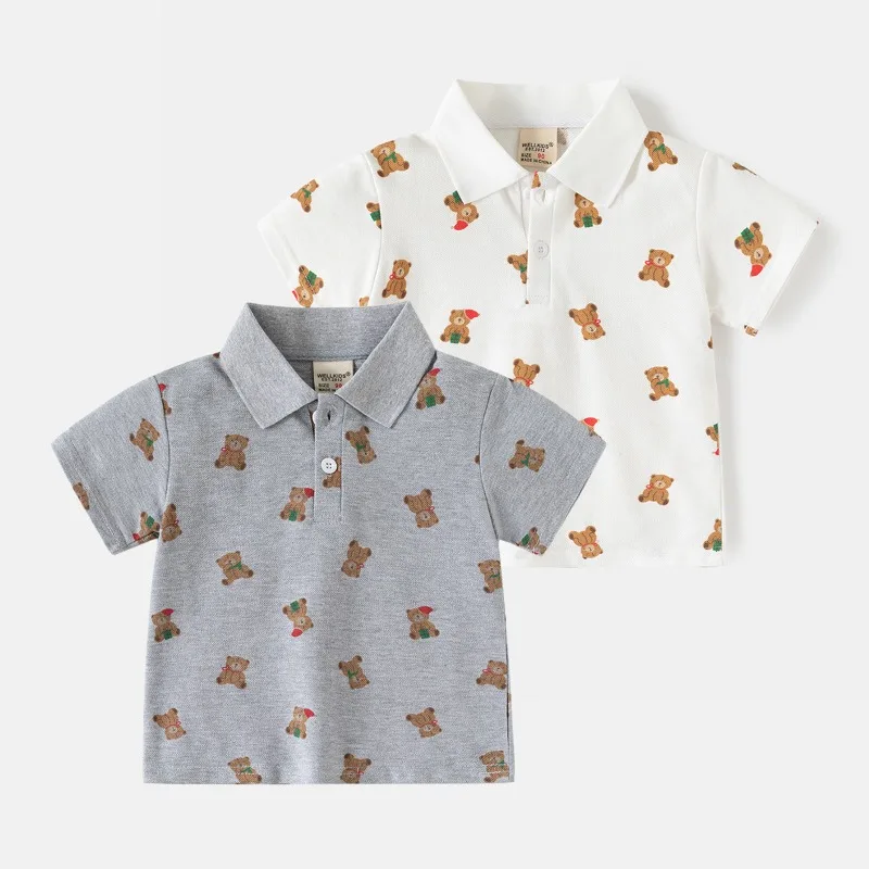 

Рубашка-поло HoneyCherry для маленьких мальчиков с принтом по всей поверхности, летний топ с короткими рукавами, одежда для маленьких мальчиков, детская повседневная одежда, футболка с воротником-лацканом