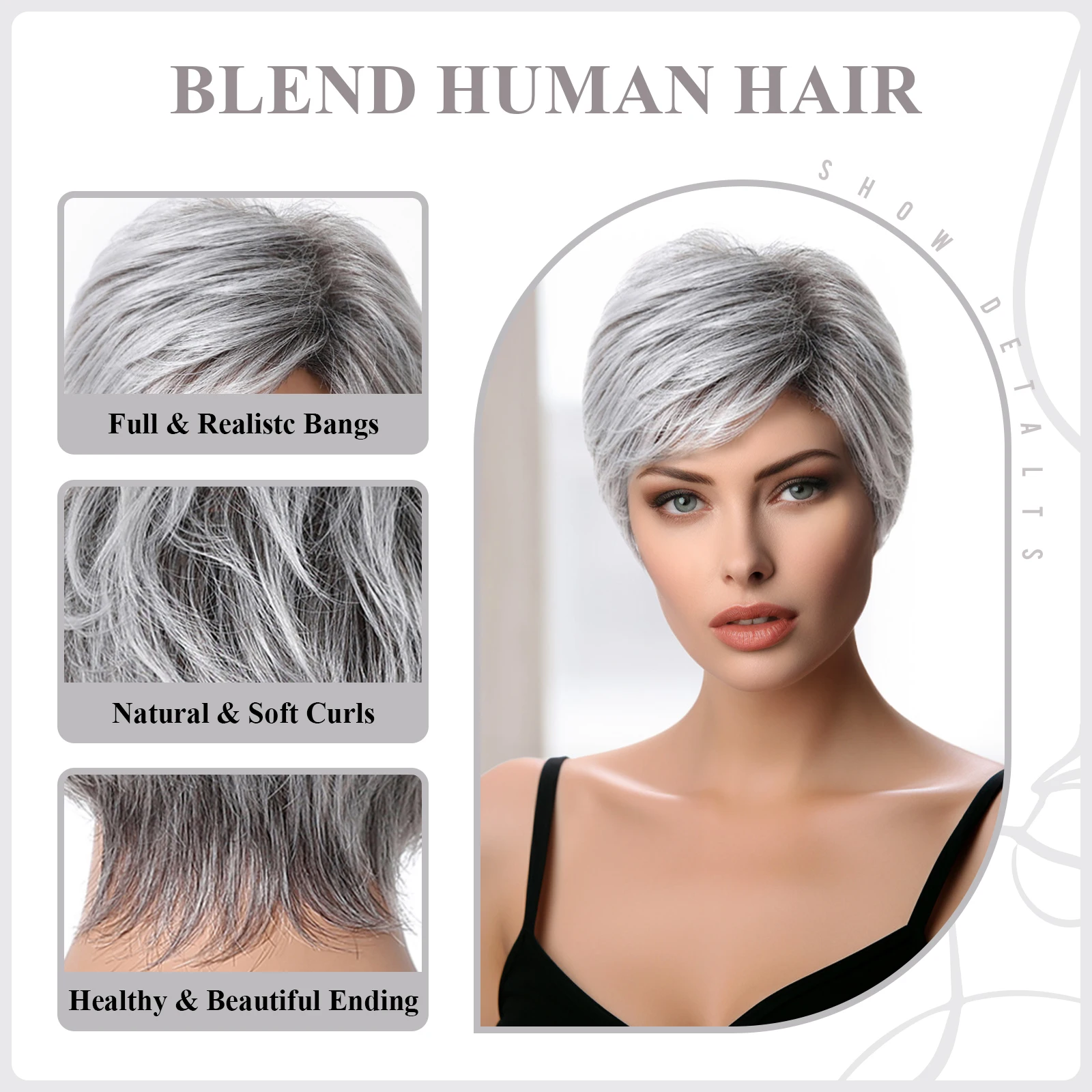 Short Pixie Cut Hair Blend Human Hair Wig Gray Ombre Remy Human Hair Bob Wig for Women Mommy Daily Heat Resistant Hair Mechanism