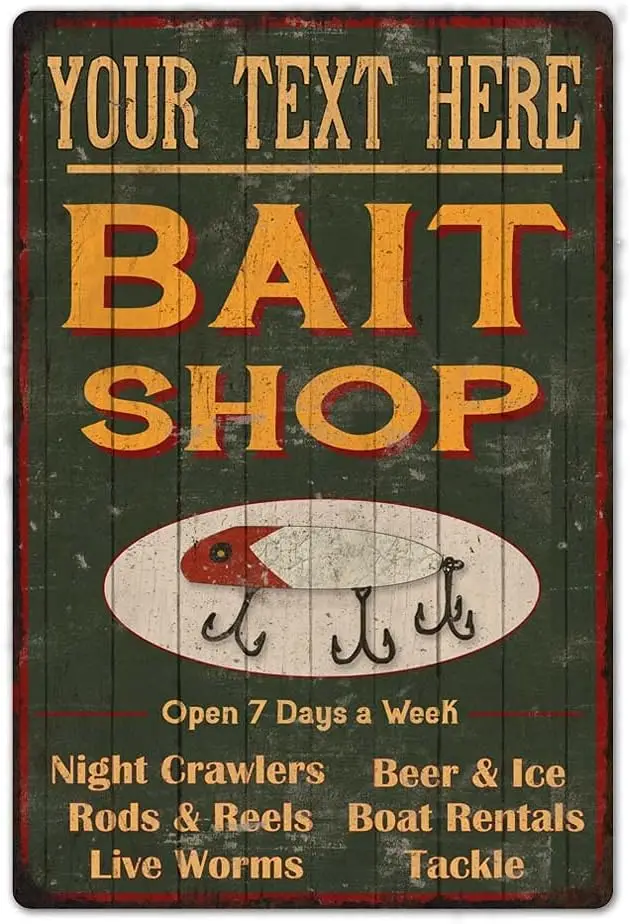 Personalized Bait Shop Sign Custom Name Rustic Decor Vintage Fishing Signs Home Fish Decoration Man Cave Tin Wall Art Dads Campi