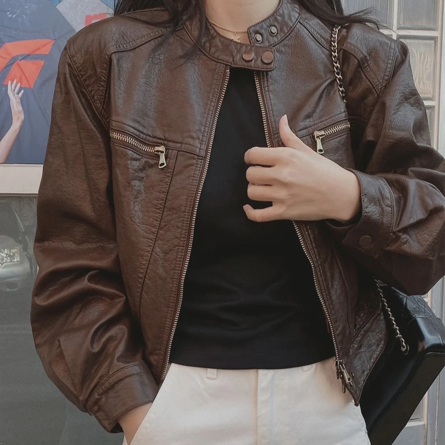 

Women Pu Faux Leather Coat Short Solid Jackets Zipper Long Sleeve Polo Collar Slight Strech Street Wear Loose Casual 2025 Autumn