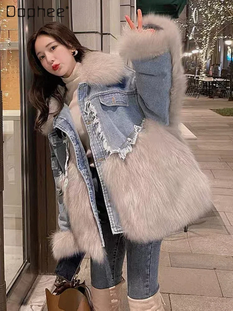 

Lapel Single Breasted Long Sleeve Faux Fur Coat Female 20236 Autumn and Winter New Furry Heavy Industry Denim Parka Women