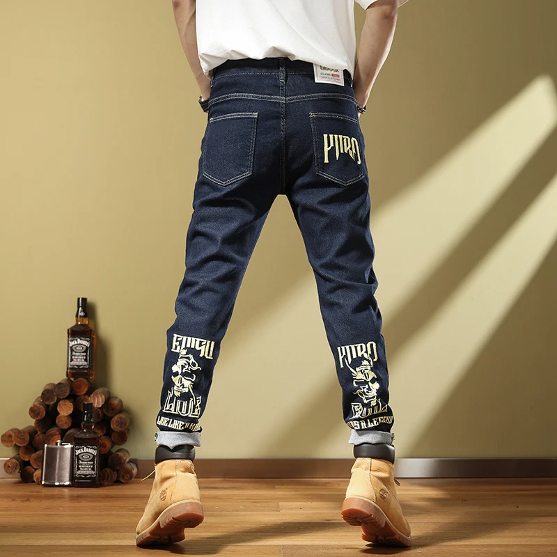 

Elegant Embroidered Original Color Men's Jeans Slim Fit Casual Spring 2023 Trendy Brand Cotton Elastic Long Pants