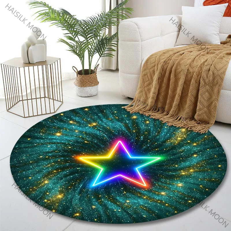 Multiple sizes Neon starry sky five-pointed star Print Round Carpet Living Room Bedroom Table Chair Sofa Decorative Carpet