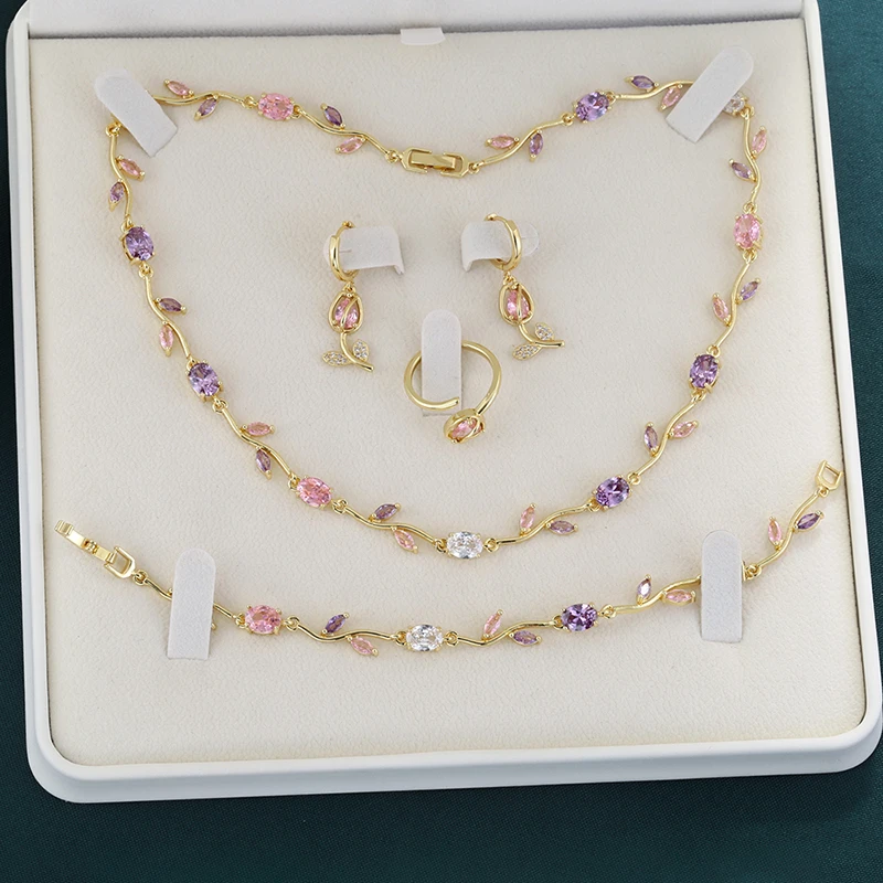 Exquisites Tulpen-Schmuckset (Ohrringe, Halskette, Armband, Ring) – Ein komplettes Abend-Ensemble für die Dame