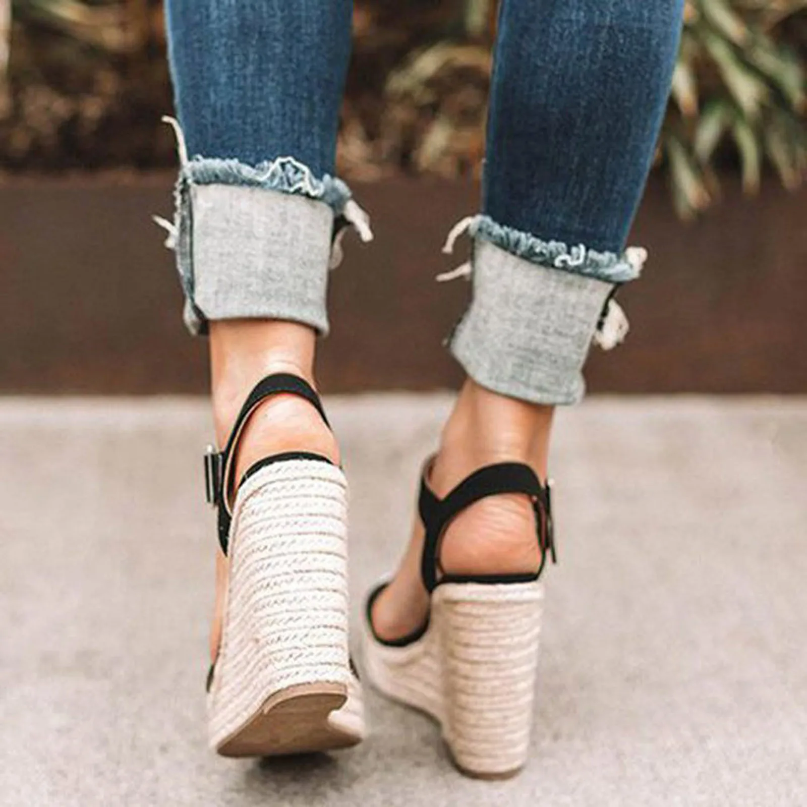 Women Sandals Summer Large Size Wedge Buckle Belt Open Toe Slope Heel Weaving Sandals Breathable Summer Beach Shoes Mujer