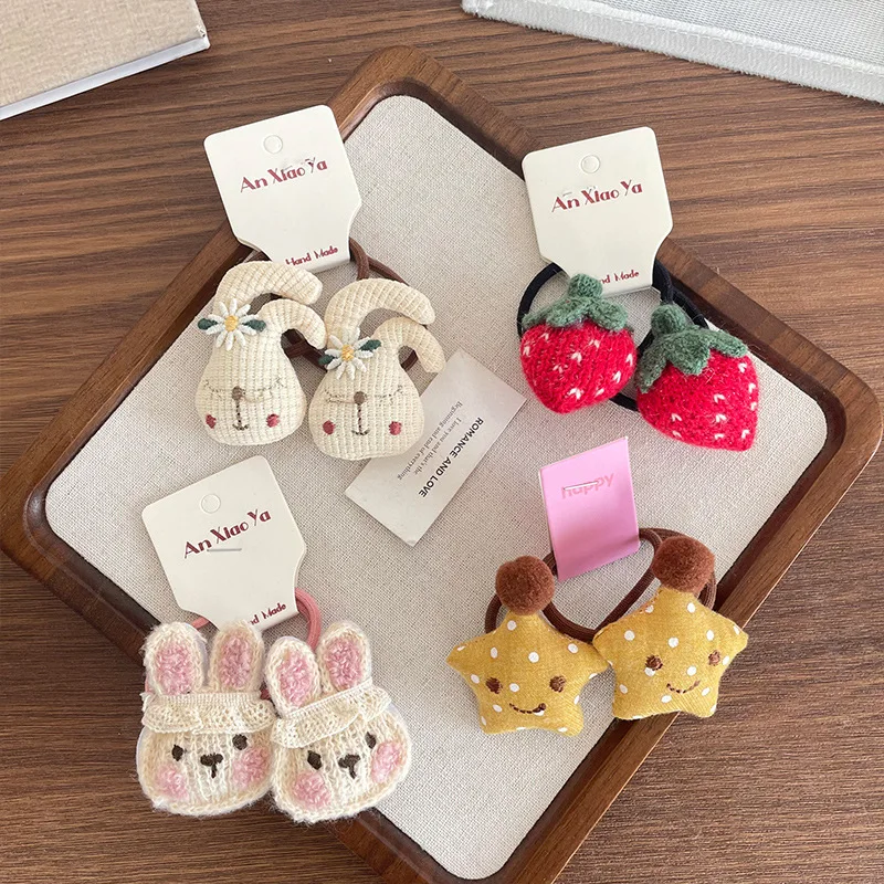 Lazo para el pelo de conejo de dibujos animados de tela, bordado de frutas y fresas, banda de goma, linda chica, cabeza de lazo, cuerda para el pelo de estrella, accesorio para el cabello