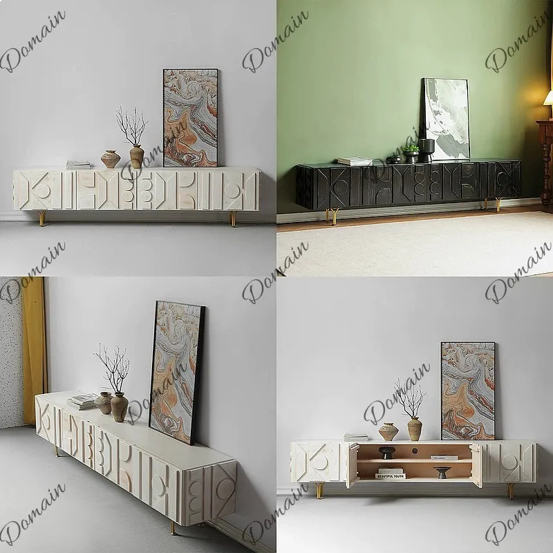 Mid-Century Solid Wood TV Stand French Retro Black Storage Cabinet Nordic Simple Parquet Living Room Floor Cabinet