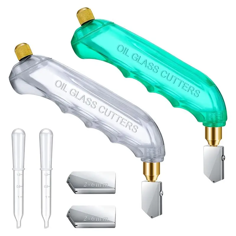 A93E-6 Pcs Glass Cutter Pistol Grip Oil Feed Glass Cutter And 2-6Mm Cutting Heads (Green, White)