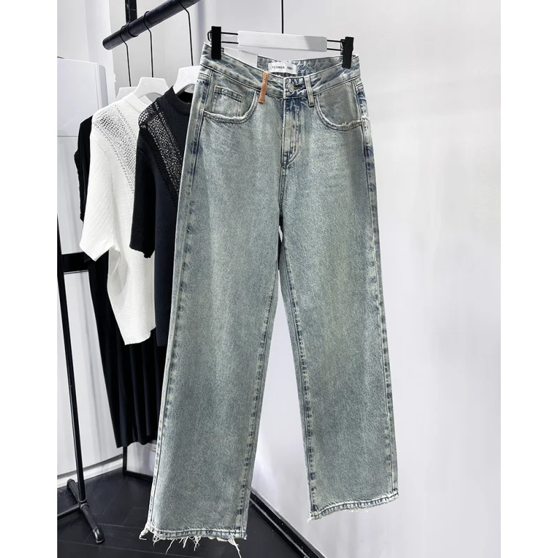 Blue Women Jeans Tassels High Waist Vintage Straight Baggy Denim Pants Streetwear American 2023 New Fashion Wide Leg Trouser