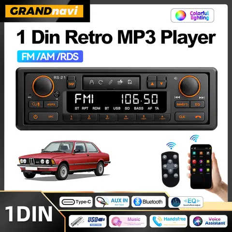 Rádio Automotivo Retrô 1DIN MP3 Player Estéreo Bluetooth FM AM RDS com Suporte QC3.0 para Porsche VW Benz BMW Land Rover Audi Alfa Romeo