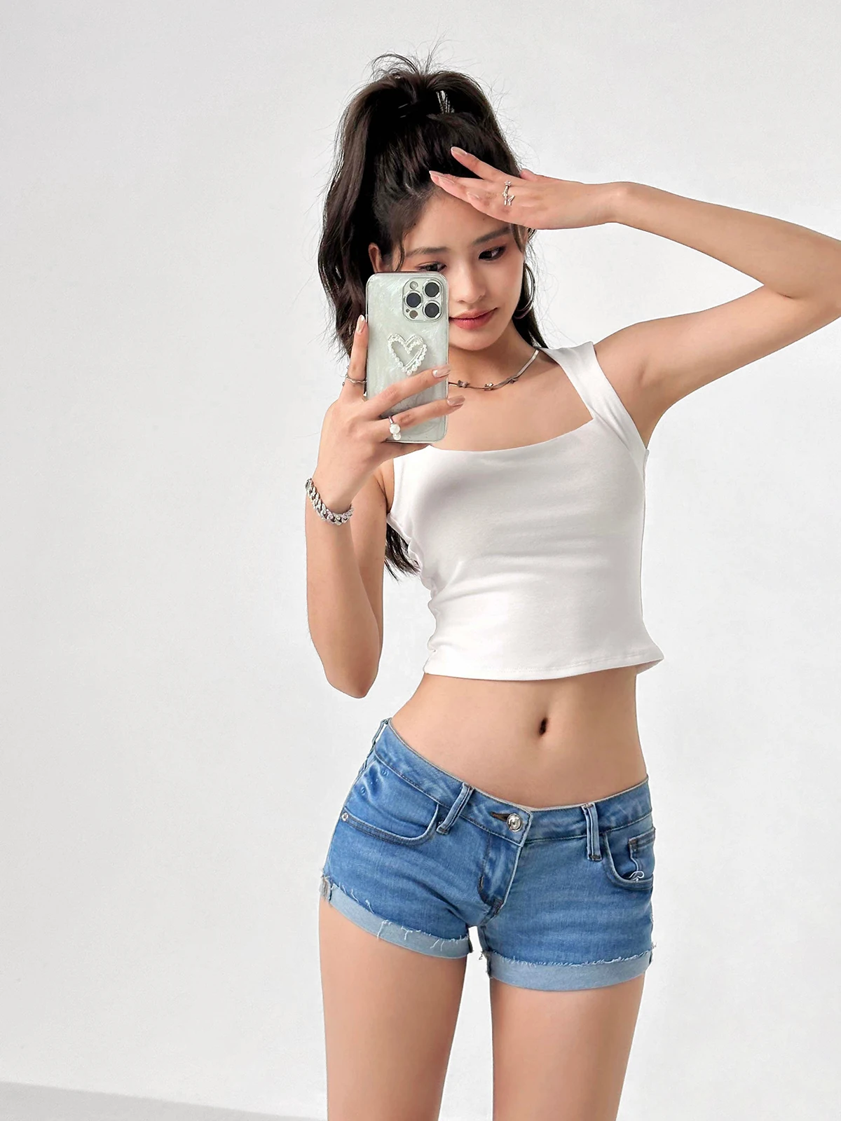 American Style Wide Shoulder Strap Camisole Women Summer Square Collar External Wearing Spicy Girl Short Slim Solid Top C808