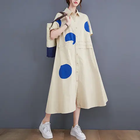 카키 도트 프린트 셔츠, 원피스 반팔, 캐주얼 빈티지 롱 셔츠, 원피스 A 라인 프론트 단추, 미디 원피스, #0118, 여름