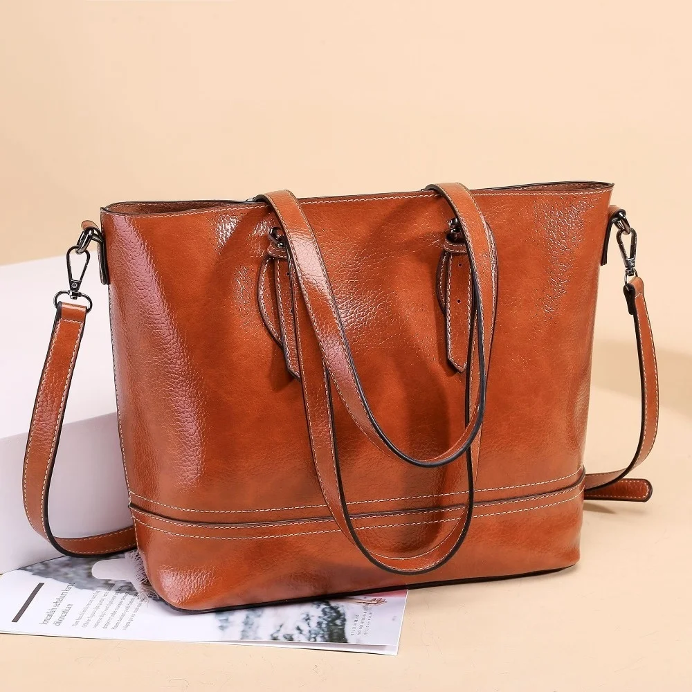 Genuine Leather Bag Brown Vintage Handbag Women Shoulder Ladies Retro Tote Large Handbags bolso Fashion Big New C829