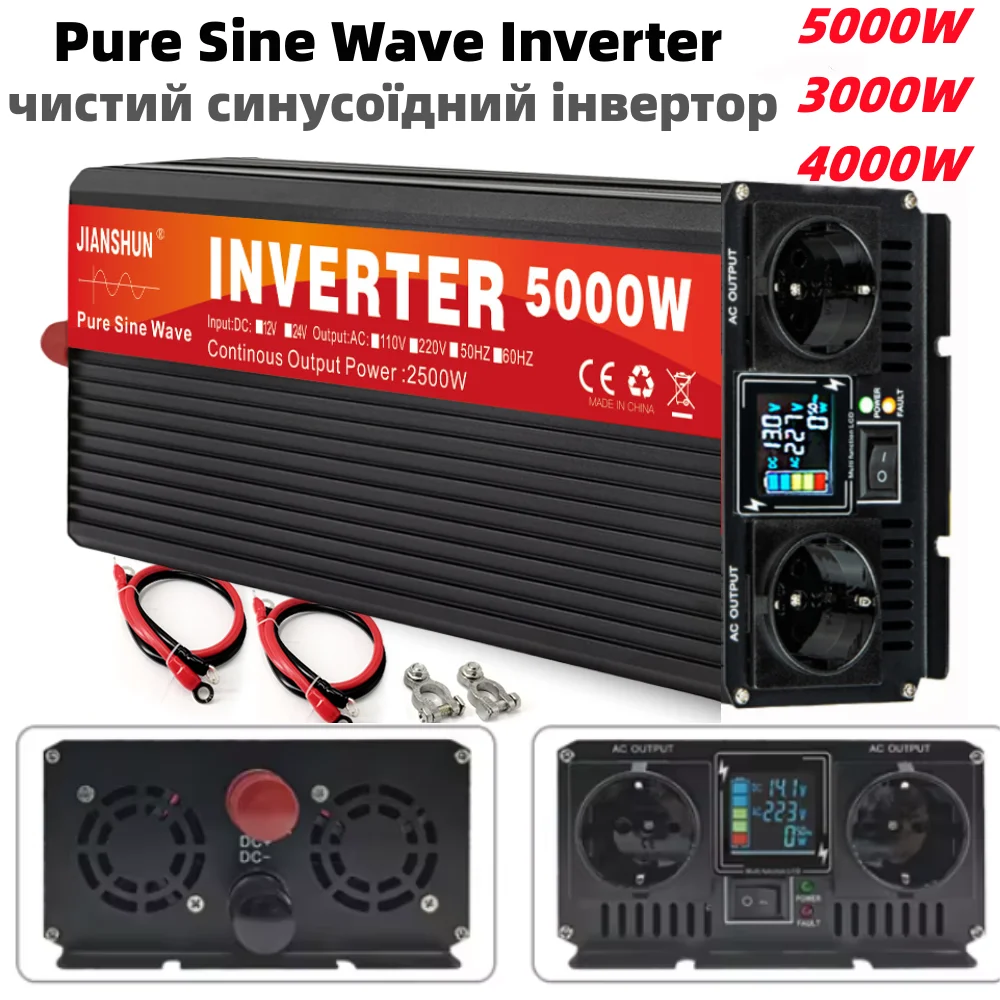 Pure Sine Wave Inverter 5000W 4000W 3000W Double Socket LCD Display DC 12V 24V To AC 220V Voltage Converter Power Car Inverter