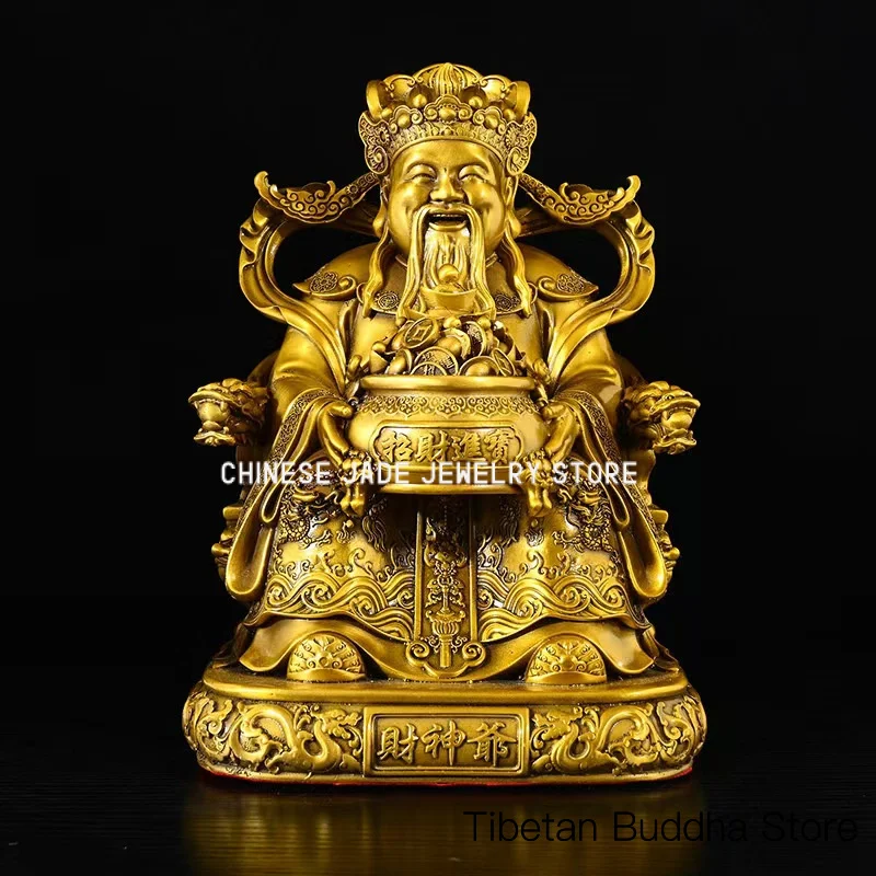 Brass Treasure Bowl God of Wealth Figurine Holding Copper Coins and Ingots, God of Wealth Smiling Widely, Home Decorative Orname