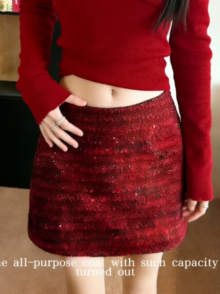SMTHMA Gonna corta in lana di Capodanno stile piccolo profumato da donna con paillettes a trapezio sexy per ragazza piccante rossa
