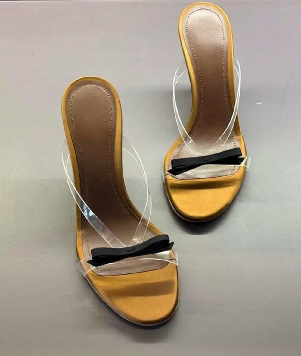 Yellow Brown Open-Toe Stiletto Heel Mule Clear PVC Straps Black Bow Detail Slip-On Design Minimalist Style Footwear for Everyday