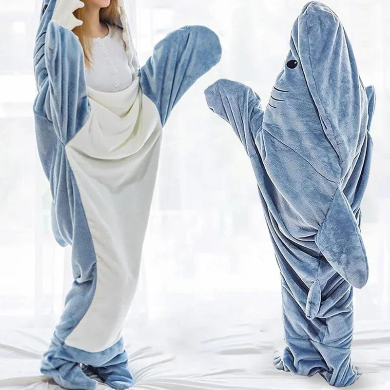 New Cartoon Blue Gray Shark Blanket Sleeping Bag Pajamas Halloween Sleeping Suit Child Adult Plush Hoodie Fish Cosplay Costume