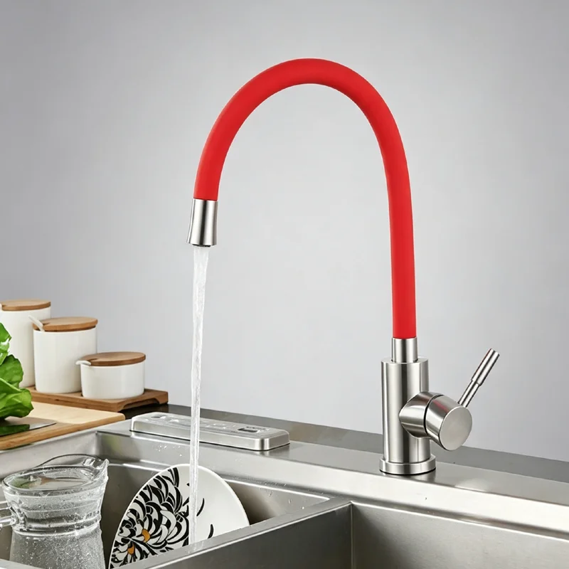 cdbm 304‑Stainless‑Steel Kitchen Faucet, 360° Swivel Hot & Cold Tap With Silicone Spout, Model CFG‑011B