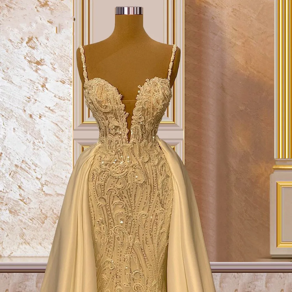 Vestidos De novia De sirena De lentejuelas De encaje De color marfil personalizados con tren desmontable correas con cuello en V vestidos De novia Vestido De novia personalizado