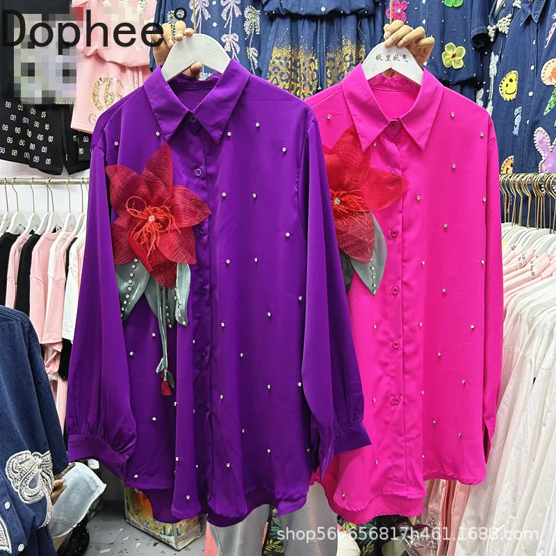 

Three-dimensional Flowers Diamonds Cardigans Top Women Single-breasted Loose Long Sleeve Blouses Elegant Casual Lady Shirts