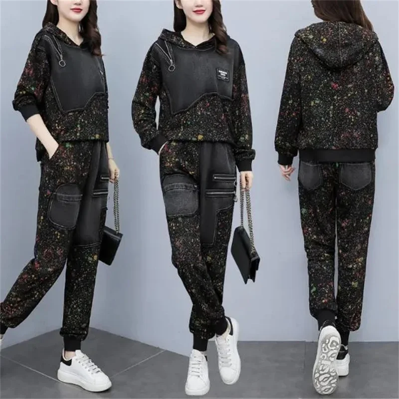 Large Size Women Two Piece Set Female Casual Fashion Denim Set Autumn/Winter Sports Suit Women\'s Pants 2 Piece Set