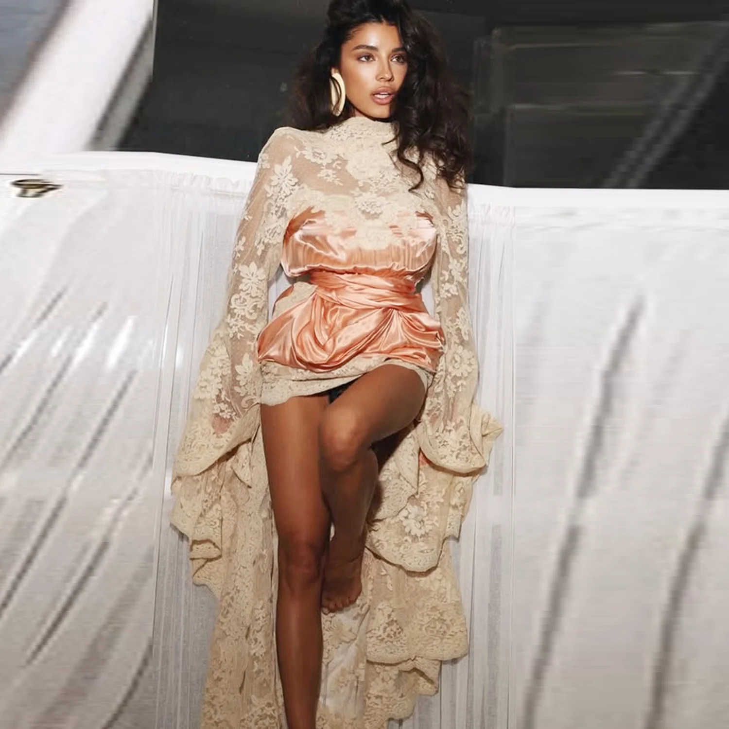 

Ретро кружевные платья для выпускного вечера с высоким воротом и длинными рукавами, высокие низкие вечерние платья, сексуальное прозрачное платье для дня рождения для девочек, официальная одежда