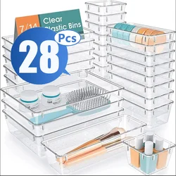 4-28 Pcs Drawer Organizers Set Clear Plastic Desk Dividers Bins Bedroom Dresser Office Storage Box for Makeup Jewelries Gadgets