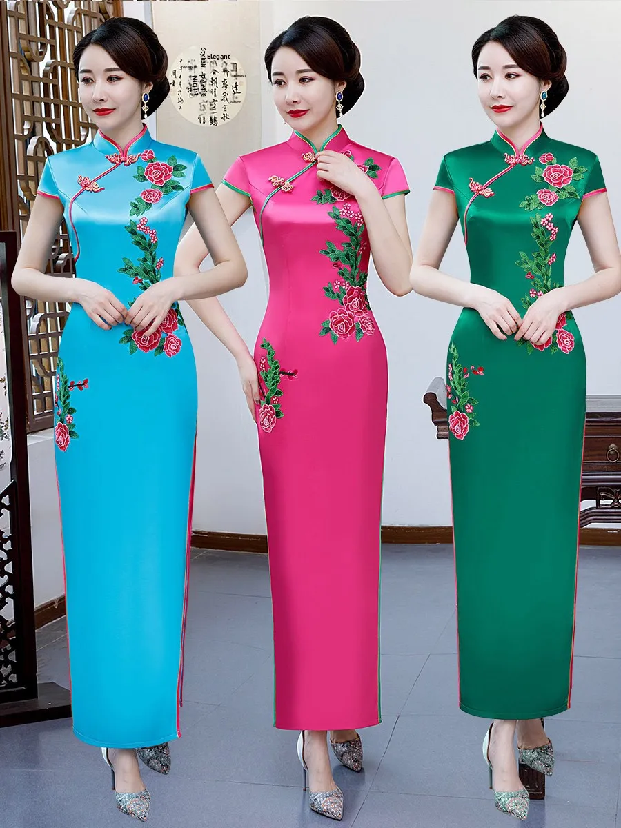 

Элегантный длинный танцевальный костюм в молодежном стиле для выступлений на сцене для женщин среднего и пожилого возраста, из шелковой ткани с цветочным узором, короткий S...