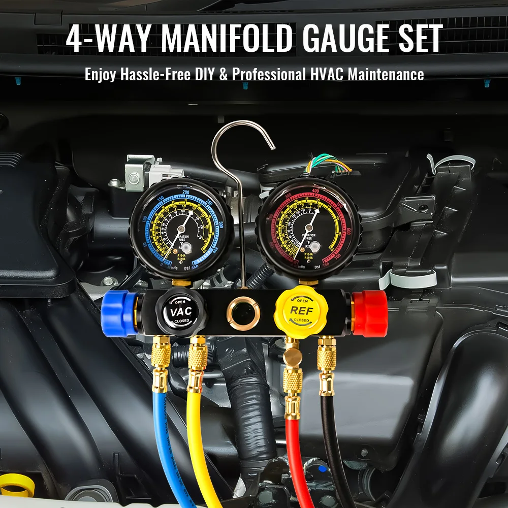 Upgraded 4-Way Air Conditioner Manifold Gauge Kit for R134A R410A R404A R22 Refrigerant with 5 ft Hose and 3 Acme Tanks for Fit