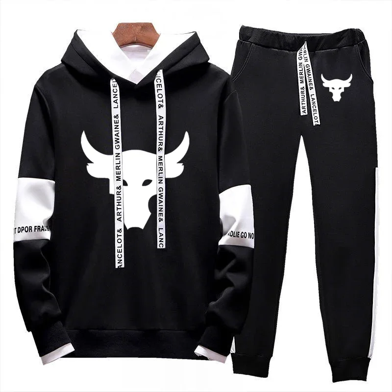 Dwayne Johnson Brahma Bull Tattoo Logo Print Spring Autumn Mens Fashion Tracksuit Splicing Casual Hoodies+Jogging Sweatpants Set