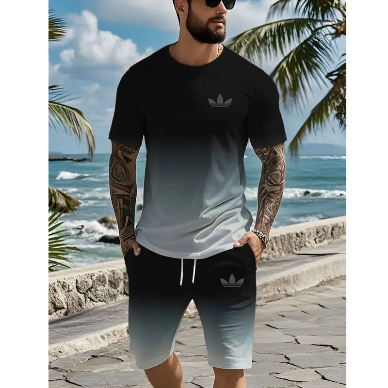 2024 Urban Street Fashion Trend Men's Round Neck Short Sleeve Set Outdoor Casual Simple Printed Men's Top Outdoor Casual Shorts