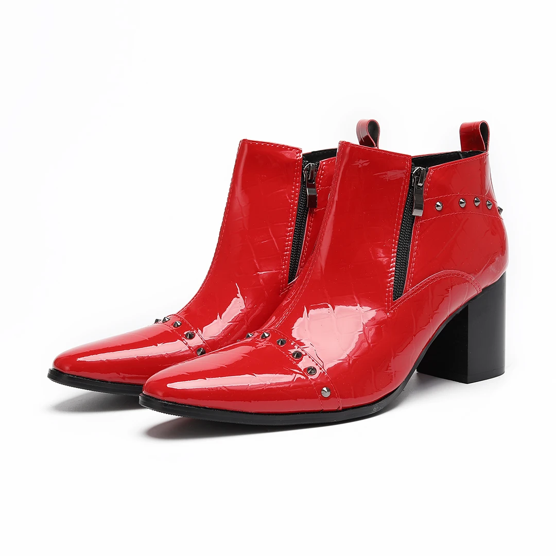 Design Pointed Toe Rivets Patent Leather Men High Heel Boots Big Size Male Club Stage Footwear Man Zipper Formal Ankle Boots