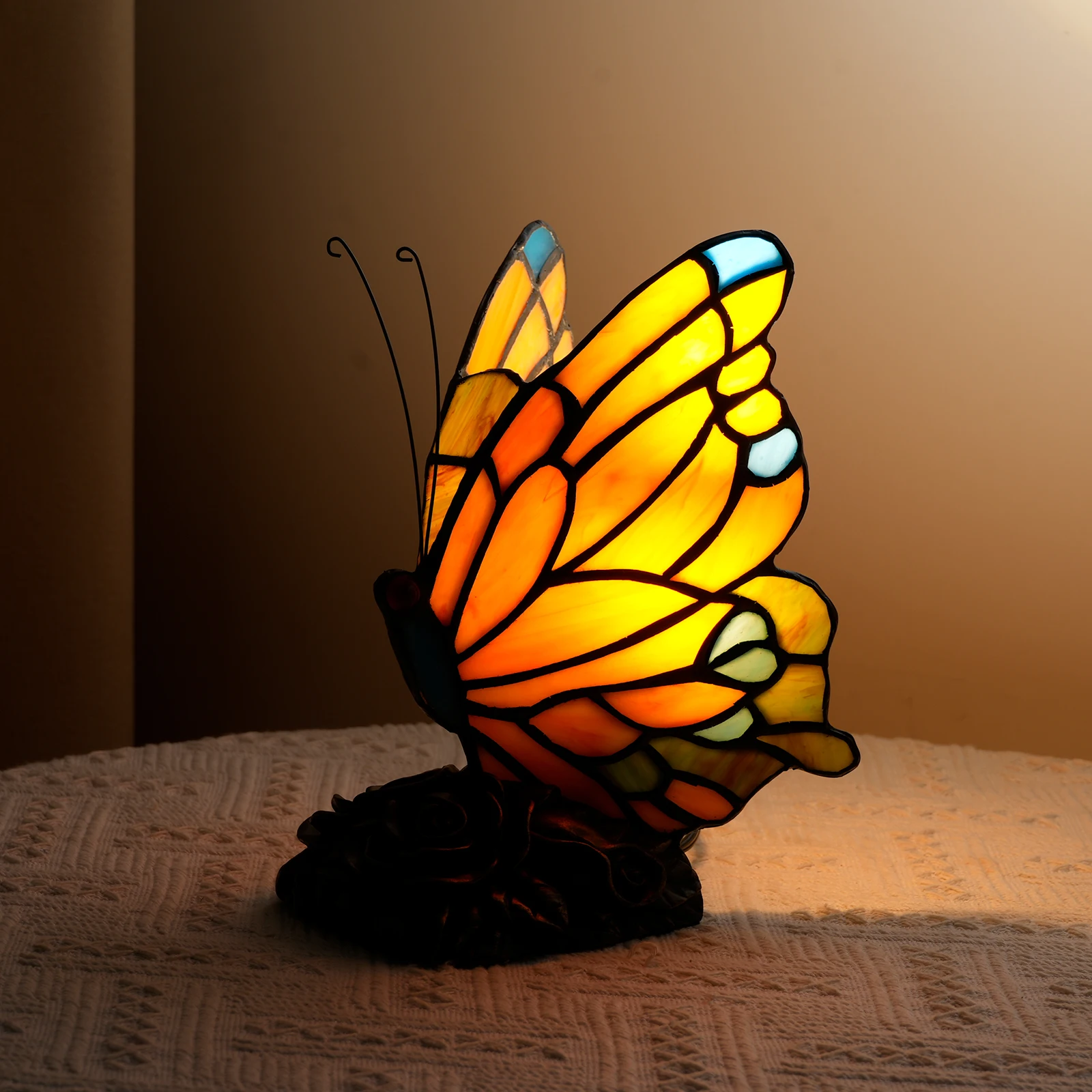 Orange Butterfly Tiffany Style Stained Glass Accent Table Lamp Night Light Handmade Lampshade for Bedside Bedroom Living Room