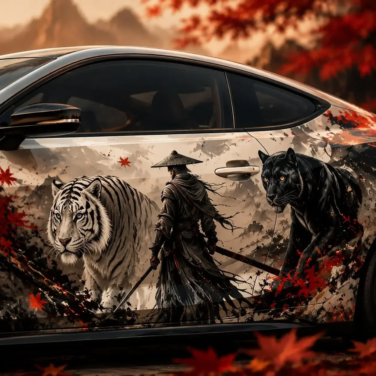 Samurai White Tiger Black Panther Car Side Vinyl Wrap Decal