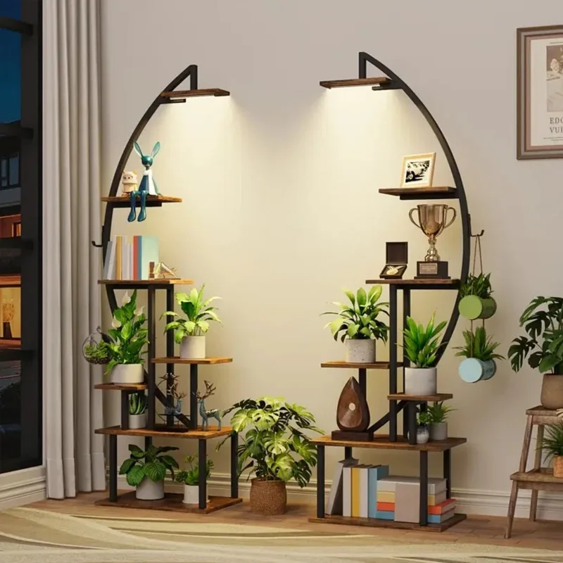 

Modern Indoor Half Moon Plant Stand Flower Rack with 2 Tiered Wooden Shelves Space Saving Durable Living Room Furniturepromote s