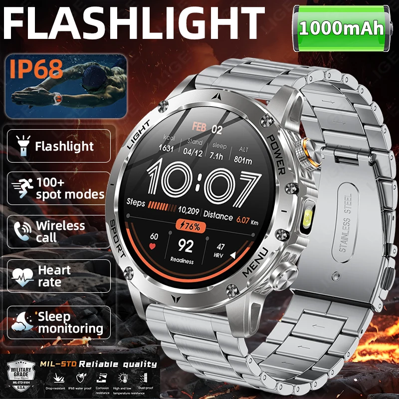 LIGE New Military 1000mAh Battery Smart Watch Men IP68 Waterproof LED Flashlight Heart Rate Monitoring Sports Tracker Smartwatch