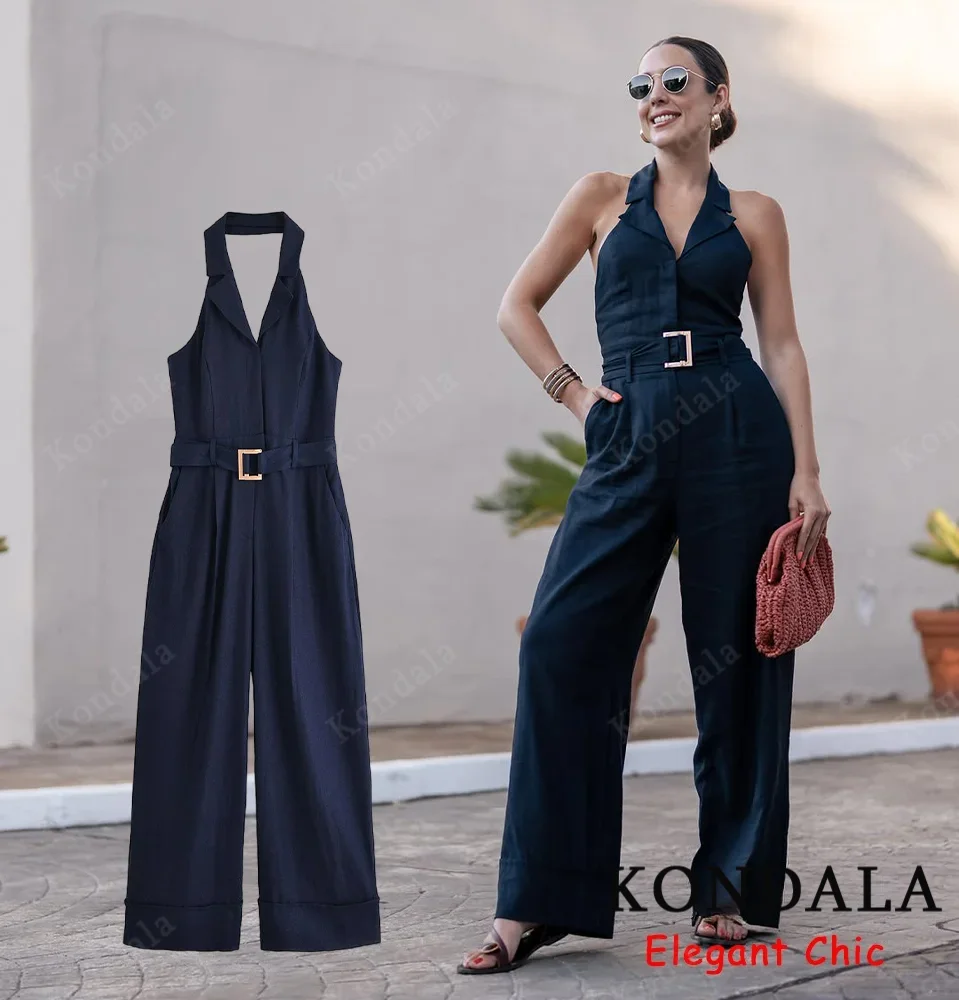 

KONDALA элегантный шикарный комбинезон с лямкой на шее, женский темно-синий длинный комбинезон с открытой спиной, весна-осень 2024, повседневный комбинезон High Street